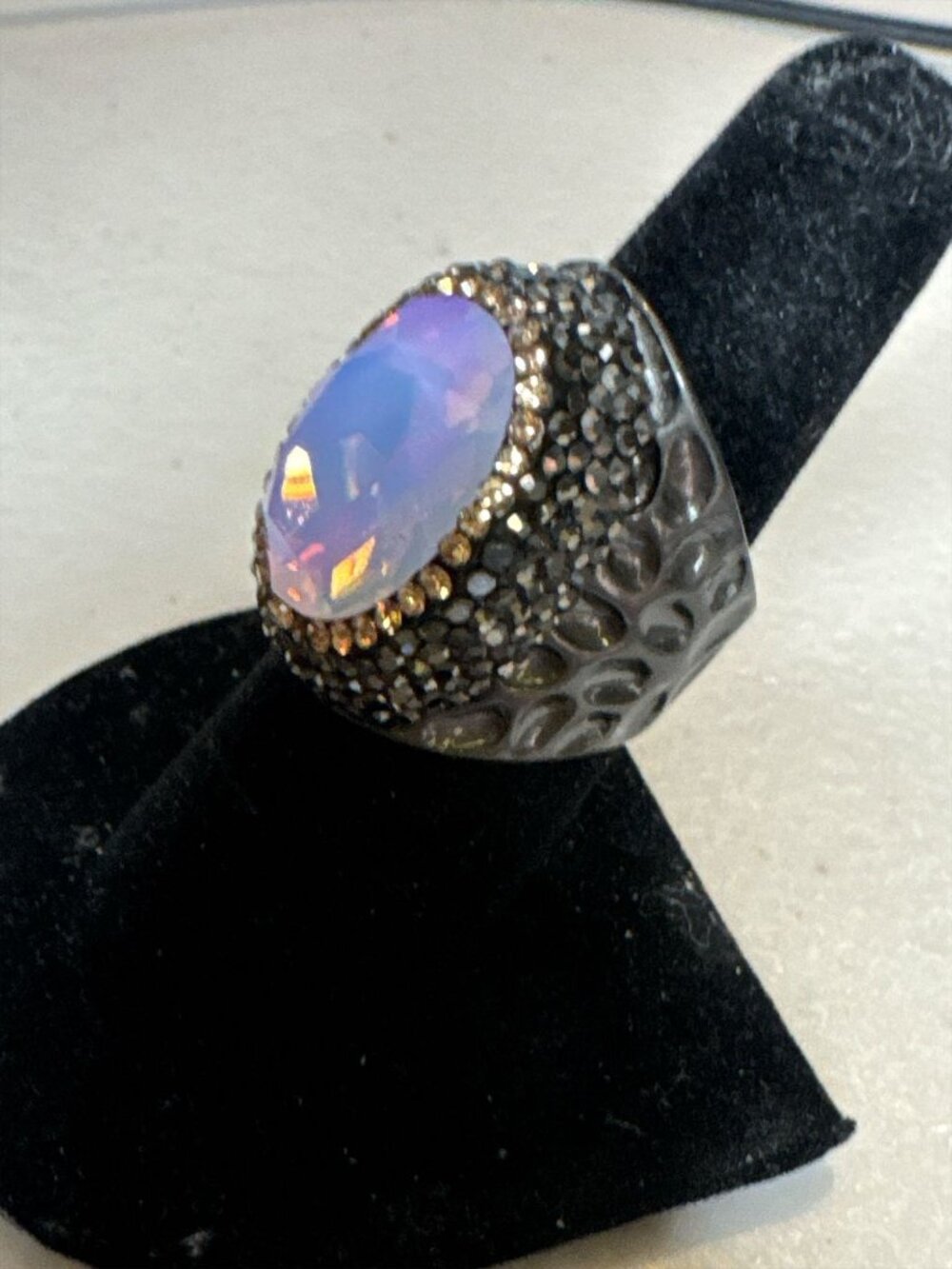 Large Black Adjustable Cocktail Ring With Faceted Purple Gemstone & Rhinestone A